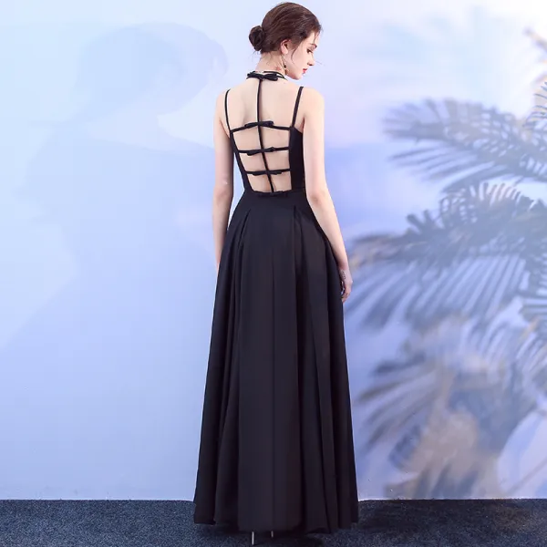Sexy Black Prom Dresses 2018 Empire V-Neck Spaghetti Straps Sleeveless Ankle Length Ruffle Backless Formal Dresses