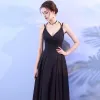 Sexy Black Prom Dresses 2018 Empire V-Neck Spaghetti Straps Sleeveless Ankle Length Ruffle Backless Formal Dresses