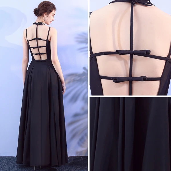 Sexy Schwarz Ballkleider 2018 Empire V-Ausschnitt Spaghettiträger Ärmellos Knöchellänge Rüschen Rückenfreies Festliche Kleider
