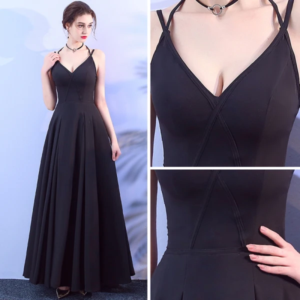 Sexy Schwarz Ballkleider 2018 Empire V-Ausschnitt Spaghettiträger Ärmellos Knöchellänge Rüschen Rückenfreies Festliche Kleider