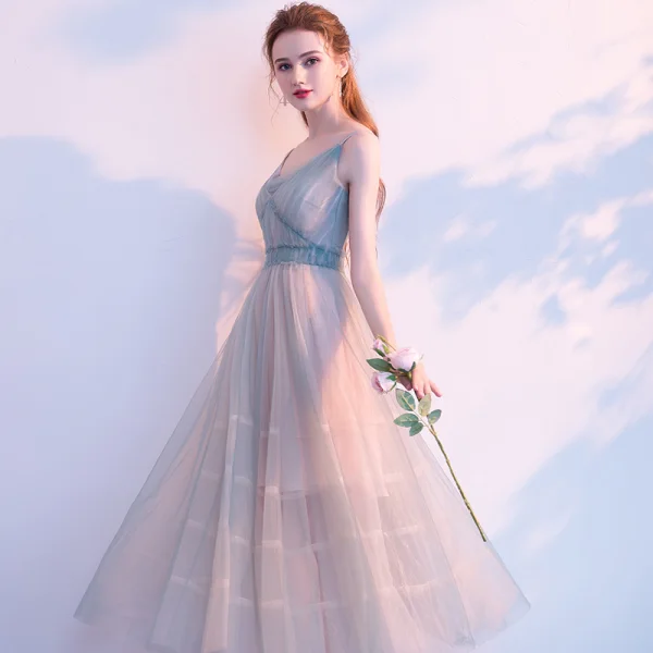 Modest / Simple Dark Green Summer Homecoming Graduation Dresses 2018 A-Line / Princess Spaghetti Straps Sleeveless Tea-length Ruffle Backless Formal Dresses