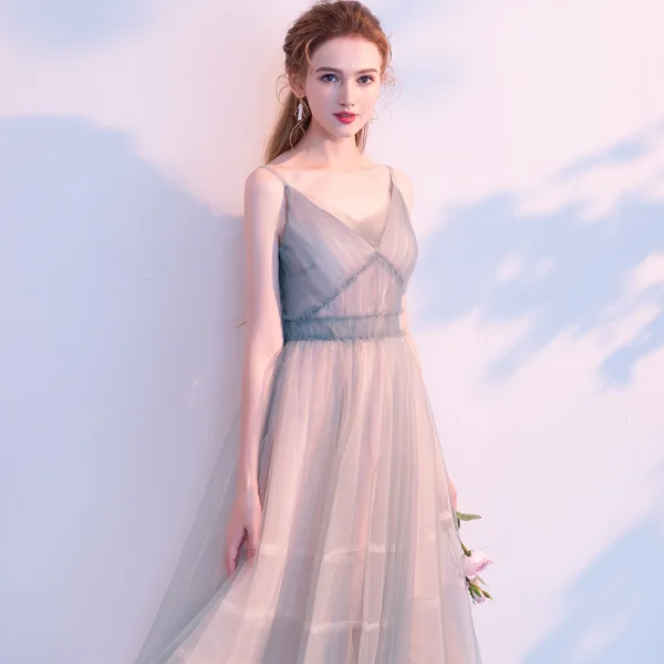 Modest / Simple Dark Green Summer Homecoming Graduation Dresses 2018 A-Line / Princess Spaghetti Straps Sleeveless Tea-length Ruffle Backless Formal Dresses