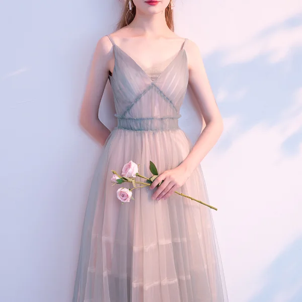 Modest / Simple Dark Green Summer Homecoming Graduation Dresses 2018 A-Line / Princess Spaghetti Straps Sleeveless Tea-length Ruffle Backless Formal Dresses