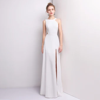 Simple Blanche Robe De Soirée 2018 Trompette Sirène Encolure Dégagée Sans Manches Longue Fendue Devant Robe De Ceremonie
