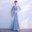 Chic / Belle Bleu Ciel Transparentes Robe De Soirée 2018 Trompette / Sirène Encolure Dégagée Manches Courtes Appliques En Dentelle Paillettes Longue Fendue devant Dos Nu Robe De Ceremonie