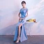 Chic / Belle Bleu Ciel Transparentes Robe De Soirée 2018 Trompette / Sirène Encolure Dégagée Manches Courtes Appliques En Dentelle Paillettes Longue Fendue devant Dos Nu Robe De Ceremonie
