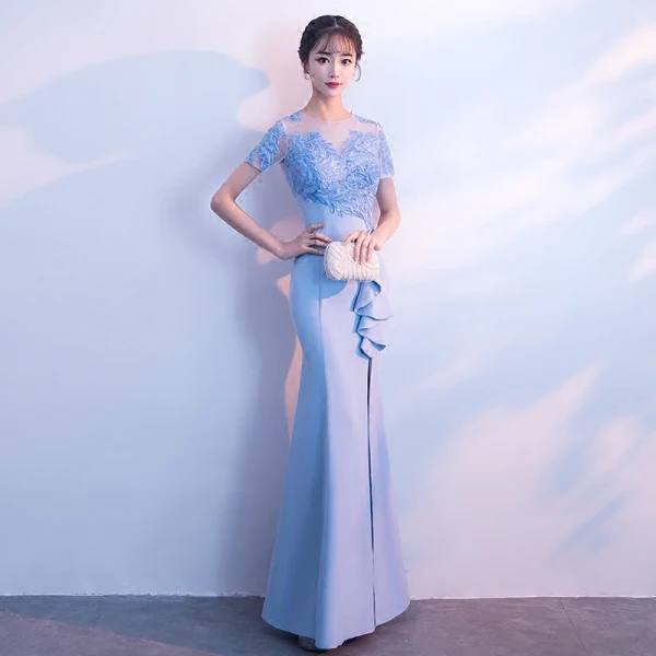 Chic / Belle Bleu Ciel Transparentes Robe De Soirée 2018 Trompette / Sirène Encolure Dégagée Manches Courtes Appliques En Dentelle Paillettes Longue Fendue devant Dos Nu Robe De Ceremonie