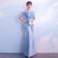 Chic / Belle Bleu Ciel Transparentes Robe De Soirée 2018 Trompette / Sirène Encolure Dégagée Manches Courtes Appliques En Dentelle Paillettes Longue Fendue devant Dos Nu Robe De Ceremonie