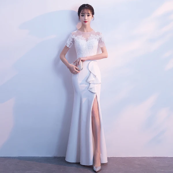 Chic / Belle Bleu Ciel Transparentes Robe De Soirée 2018 Trompette / Sirène Encolure Dégagée Manches Courtes Appliques En Dentelle Paillettes Longue Fendue devant Dos Nu Robe De Ceremonie