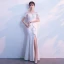 Chic / Belle Bleu Ciel Transparentes Robe De Soirée 2018 Trompette / Sirène Encolure Dégagée Manches Courtes Appliques En Dentelle Paillettes Longue Fendue devant Dos Nu Robe De Ceremonie