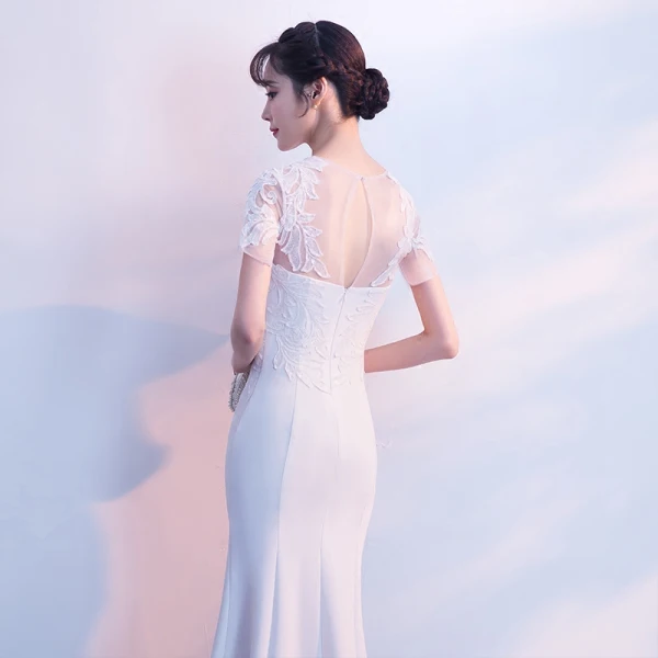 Chic / Belle Bleu Ciel Transparentes Robe De Soirée 2018 Trompette / Sirène Encolure Dégagée Manches Courtes Appliques En Dentelle Paillettes Longue Fendue devant Dos Nu Robe De Ceremonie