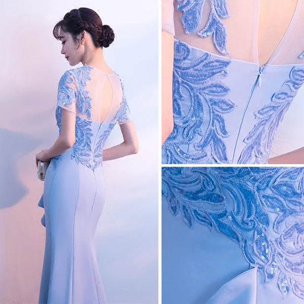 Chic / Belle Bleu Ciel Transparentes Robe De Soirée 2018 Trompette / Sirène Encolure Dégagée Manches Courtes Appliques En Dentelle Paillettes Longue Fendue devant Dos Nu Robe De Ceremonie