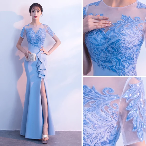 Chic / Belle Bleu Ciel Transparentes Robe De Soirée 2018 Trompette / Sirène Encolure Dégagée Manches Courtes Appliques En Dentelle Paillettes Longue Fendue devant Dos Nu Robe De Ceremonie