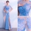Chic / Belle Bleu Ciel Transparentes Robe De Soirée 2018 Trompette / Sirène Encolure Dégagée Manches Courtes Appliques En Dentelle Paillettes Longue Fendue devant Dos Nu Robe De Ceremonie
