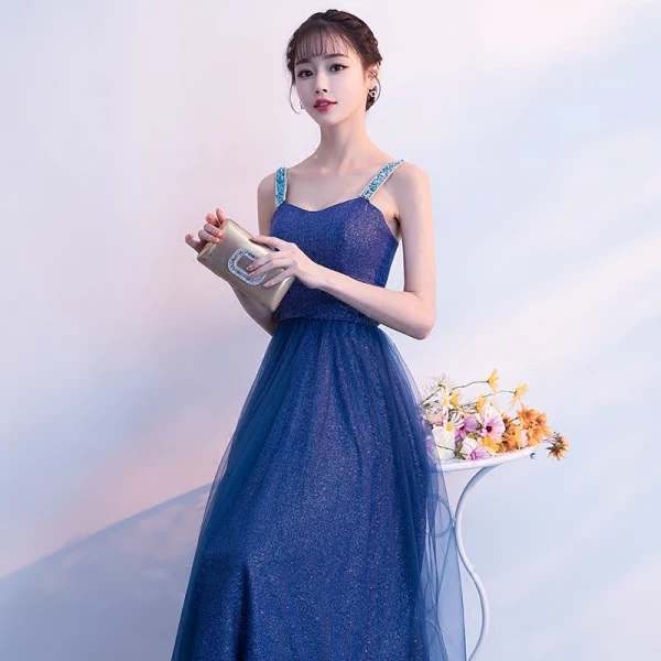 Bling Bling Royal Blue Starry Sky Evening Dresses 2018 A-Line / Princess Shoulders Beading Sleeveless Glitter Tulle Floor-Length / Long Ruffle Backless Formal Dresses