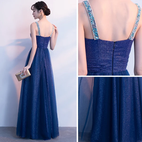 Bling Bling Royal Blue Starry Sky Evening Dresses 2018 A-Line / Princess Shoulders Beading Sleeveless Glitter Tulle Floor-Length / Long Ruffle Backless Formal Dresses