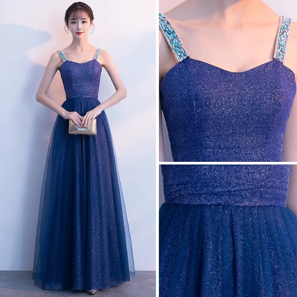 Bling Bling Royal Blue Starry Sky Evening Dresses 2018 A-Line / Princess Shoulders Beading Sleeveless Glitter Tulle Floor-Length / Long Ruffle Backless Formal Dresses