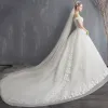 Affordable Ivory Wedding Dresses 2018 A-Line / Princess Off-The-Shoulder Short Sleeve Backless Glitter Tulle Appliques Lace Beading Tassel Pearl Cathedral Train Ruffle