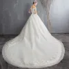 Affordable Ivory Wedding Dresses 2018 A-Line / Princess Off-The-Shoulder Short Sleeve Backless Glitter Tulle Appliques Lace Beading Tassel Pearl Cathedral Train Ruffle