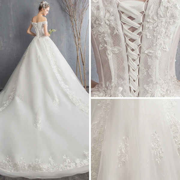 Prisvärd Elfenben Bröllopsklänningar 2018 Prinsessa Av Axeln Korta ärm Halterneck Glittriga / Glitter Tyll Appliqués Spets Beading Tassel Pärla Cathedral Train Ruffle