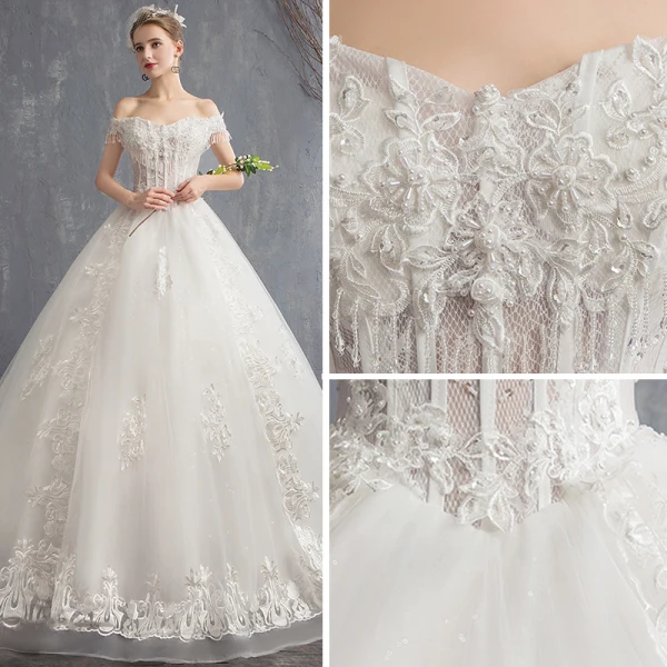 Prisvärd Elfenben Bröllopsklänningar 2018 Prinsessa Av Axeln Korta ärm Halterneck Glittriga / Glitter Tyll Appliqués Spets Beading Tassel Pärla Cathedral Train Ruffle