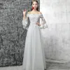 Chic / Beautiful Grey Evening Dresses  2017 A-Line / Princess Off-The-Shoulder Long Sleeve Appliques Flower Pearl Lace Floor-Length / Long Ruffle Backless Formal Dresses