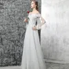 Chic / Beautiful Grey Evening Dresses  2017 A-Line / Princess Off-The-Shoulder Long Sleeve Appliques Flower Pearl Lace Floor-Length / Long Ruffle Backless Formal Dresses