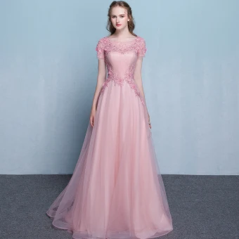 Elegante Candy Roze Doorzichtige Avondjurken 2018 A Lijn Ronde Hals Korte Mouwen Appliques Bloem Kralen Rechter Trein Ruche Ruglooze Gelegenheid Jurken