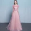 Elegant Candy Pink See-through Evening Dresses  2018 A-Line / Princess Scoop Neck Short Sleeve Appliques Flower Beading Court Train Ruffle Backless Formal Dresses