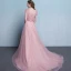 Elegant Candy Pink See-through Evening Dresses  2018 A-Line / Princess Scoop Neck Short Sleeve Appliques Flower Beading Court Train Ruffle Backless Formal Dresses