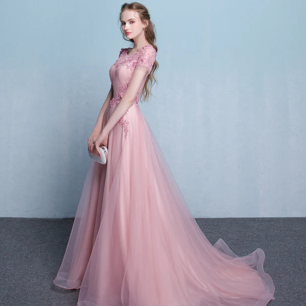 Elegant Candy Pink See-through Evening Dresses  2018 A-Line / Princess Scoop Neck Short Sleeve Appliques Flower Beading Court Train Ruffle Backless Formal Dresses
