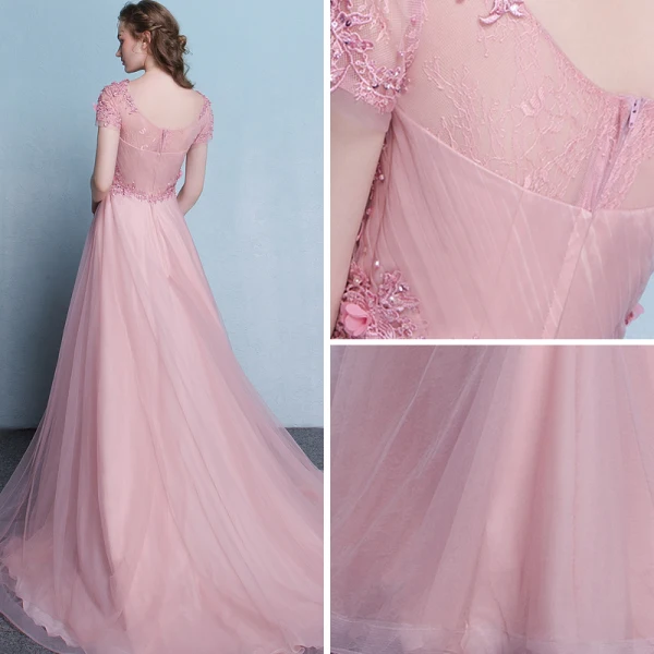 Elegant Candy Pink See-through Evening Dresses  2018 A-Line / Princess Scoop Neck Short Sleeve Appliques Flower Beading Court Train Ruffle Backless Formal Dresses