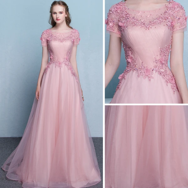 Elegant Candy Pink See-through Evening Dresses  2018 A-Line / Princess Scoop Neck Short Sleeve Appliques Flower Beading Court Train Ruffle Backless Formal Dresses