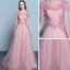 Elegant Candy Pink See-through Evening Dresses  2018 A-Line / Princess Scoop Neck Short Sleeve Appliques Flower Beading Court Train Ruffle Backless Formal Dresses
