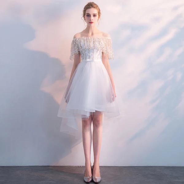 Chic / Beautiful White Bridesmaid Dresses 2018 A-Line / Princess Off-The-Shoulder Short Sleeve Appliques Lace Bow Sash Ruffle Backless Wedding Party Chic / Beautiful White Bridesmaid Dresses 2018 A-Line / Princess Off-The-Shoulder Short Sleeve Appliques Lace Bow Sash Ruffle Backless Wedding Party