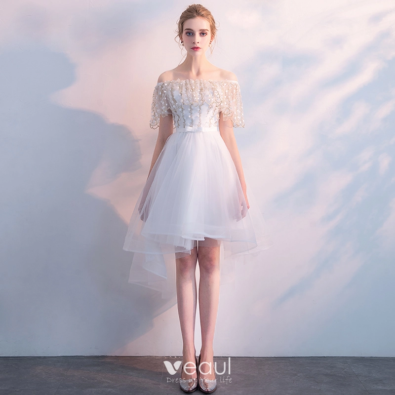Chic / Beautiful White Bridesmaid Dresses 2018 A-Line / Princess Off-The-Shoulder Short Sleeve Appliques Lace Bow Sash Ruffle Backless Wedding Party