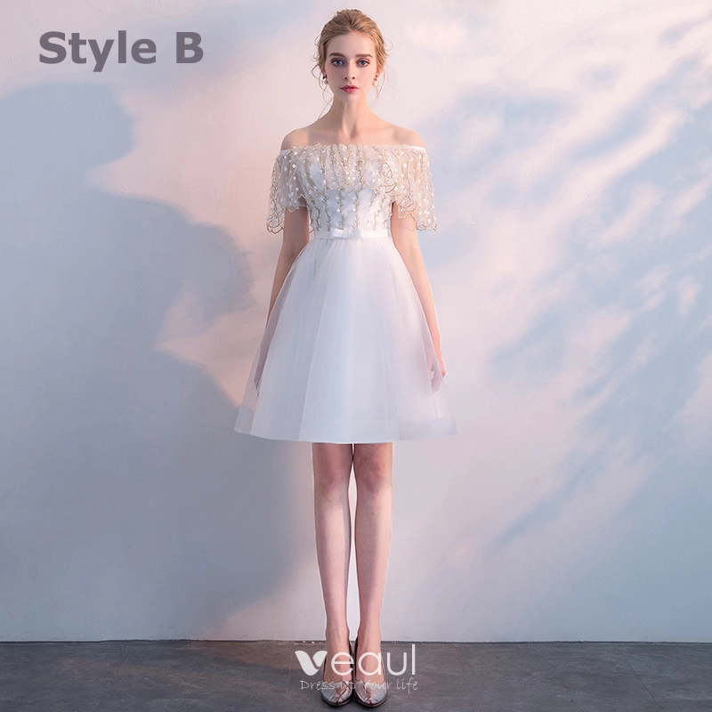 Chic / Beautiful White Bridesmaid Dresses 2018 A-Line / Princess Off-The-Shoulder Short Sleeve Appliques Lace Bow Sash Ruffle Backless Wedding Party Dresses Chic / Beautiful White Bridesmaid Dresses 2018 A-Line / Princess Off-The-Shoulder Short Sleeve Appliques Lace Bow Sash Ruffle Backless Wedding Party Dresses