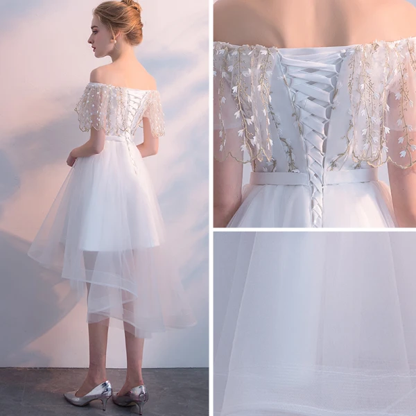 Chic / Beautiful White Bridesmaid Dresses 2018 A-Line / Princess Off-The-Shoulder Short Sleeve Appliques Lace Bow Sash Ruffle Backless Wedding Party Dresses