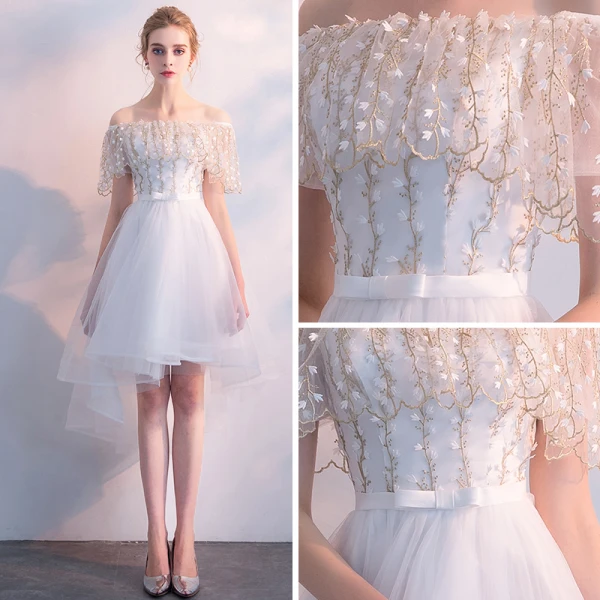 Chic / Beautiful White Bridesmaid Dresses 2018 A-Line / Princess Off-The-Shoulder Short Sleeve Appliques Lace Bow Sash Ruffle Backless Wedding Party Dresses