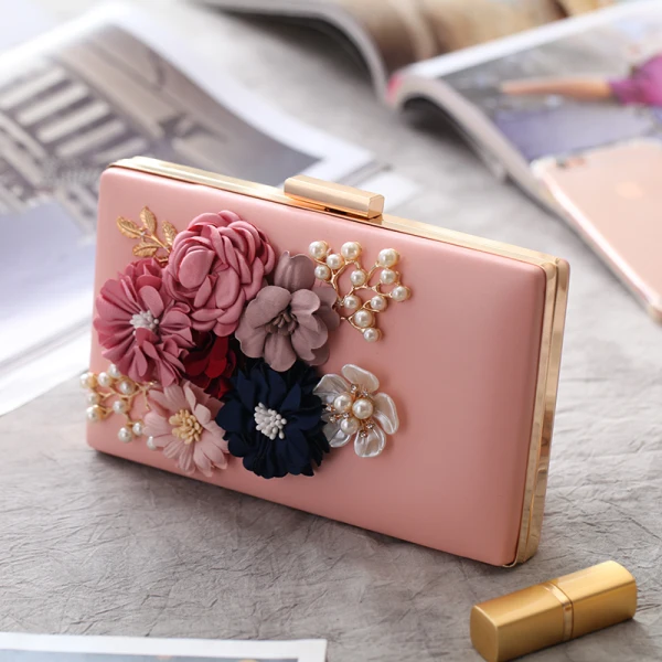 Piękne Frezowanie Perła Sztuczne Kwiaty Metal Kopertówki 2018