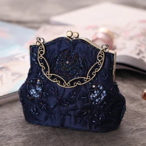 Chic Beautiful Navy Blue Beading Pearl Sequins Metal Clutch Bags 2018