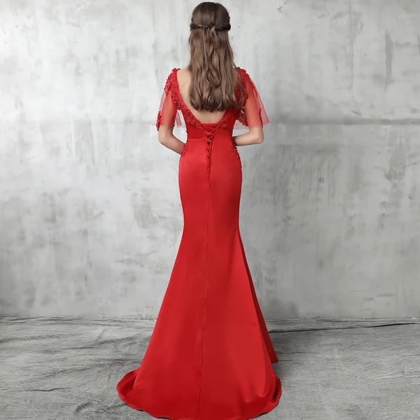 Chic / Beautiful Red Evening Dresses 2017 Trumpet / Mermaid V-Neck 1/2 Sleeves Appliques Lace Pearl Beading Sweep Train Backless Formal Dresses