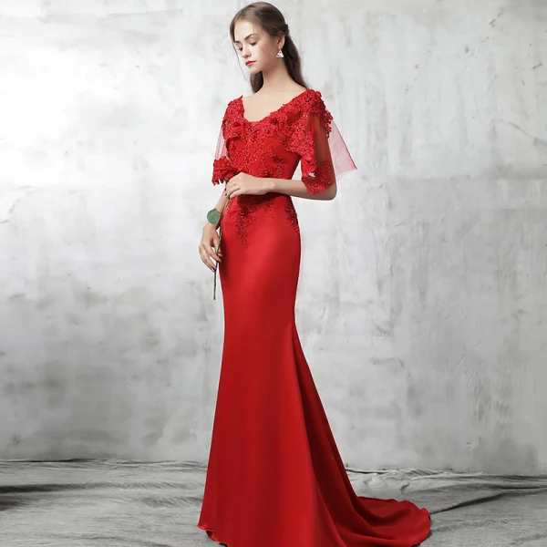 Chic / Beautiful Red Evening Dresses 2017 Trumpet / Mermaid V-Neck 1/2 Sleeves Appliques Lace Pearl Beading Sweep Train Backless Formal Dresses