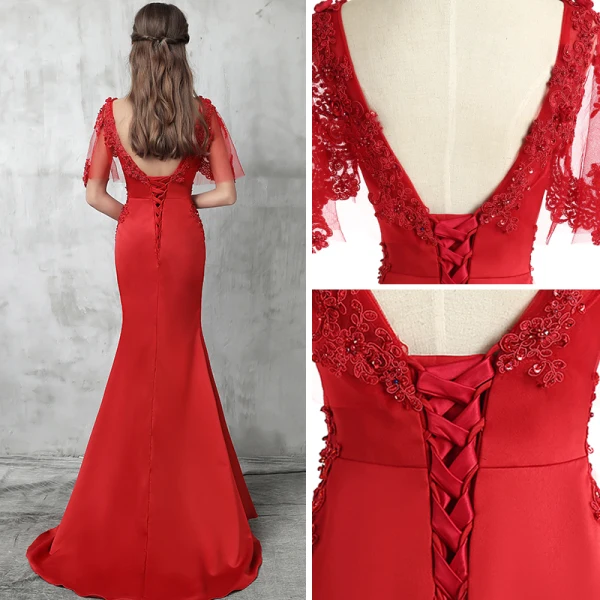 Chic / Beautiful Red Evening Dresses 2017 Trumpet / Mermaid V-Neck 1/2 Sleeves Appliques Lace Pearl Beading Sweep Train Backless Formal Dresses