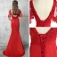 Chic / Beautiful Red Evening Dresses  2017 Trumpet / Mermaid V-Neck 1/2 Sleeves Appliques Lace Pearl Beading Sweep Train Backless Formal Dresses