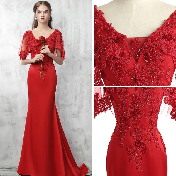 Chic / Beautiful Red Evening Dresses 2017 Trumpet / Mermaid V-Neck 1/2 Sleeves Appliques Lace Pearl Beading Sweep Train Backless Formal Dresses
