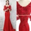 Chic / Beautiful Red Evening Dresses  2017 Trumpet / Mermaid V-Neck 1/2 Sleeves Appliques Lace Pearl Beading Sweep Train Backless Formal Dresses
