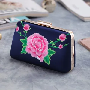 Kinesisk Stil Mörk Marinblå Broderade Blomma Metall Kuvertväska 2018