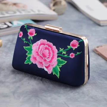 Chinese Style Navy Blue Embroidered Flower Metal Clutch Bags 2018