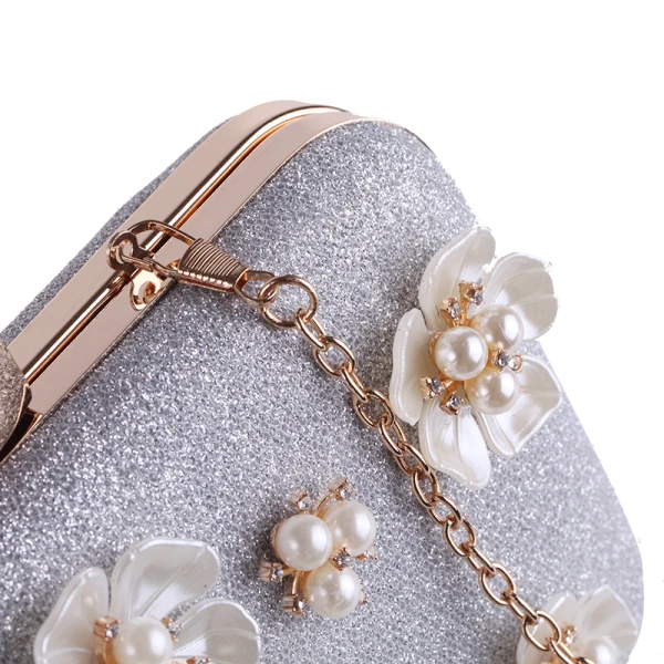 Chic / Belle Argenté Fleur Perle Faux Diamant Glitter Métal Pochette 2018